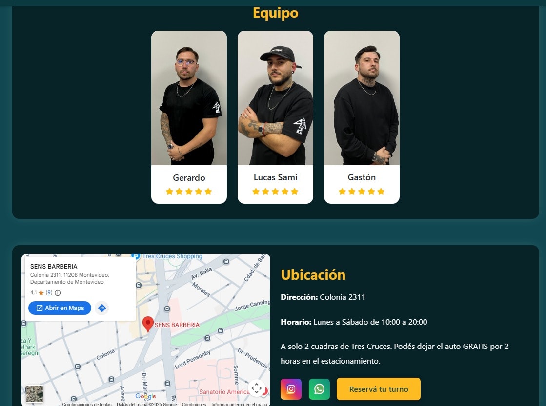 Sens team section with three barber profile cards, and a location section with an embedded map, address, opening hours, social links and a booking button.